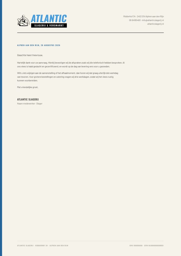 Briefpapier voor Atlantic Slagerij